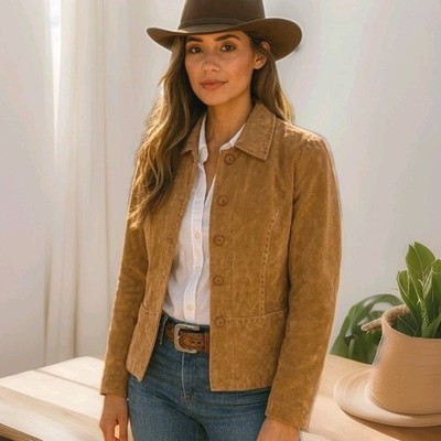 Massini Suede Jacket Tan Camel Button Front Leather Western Boho Women's Size M | eBay US