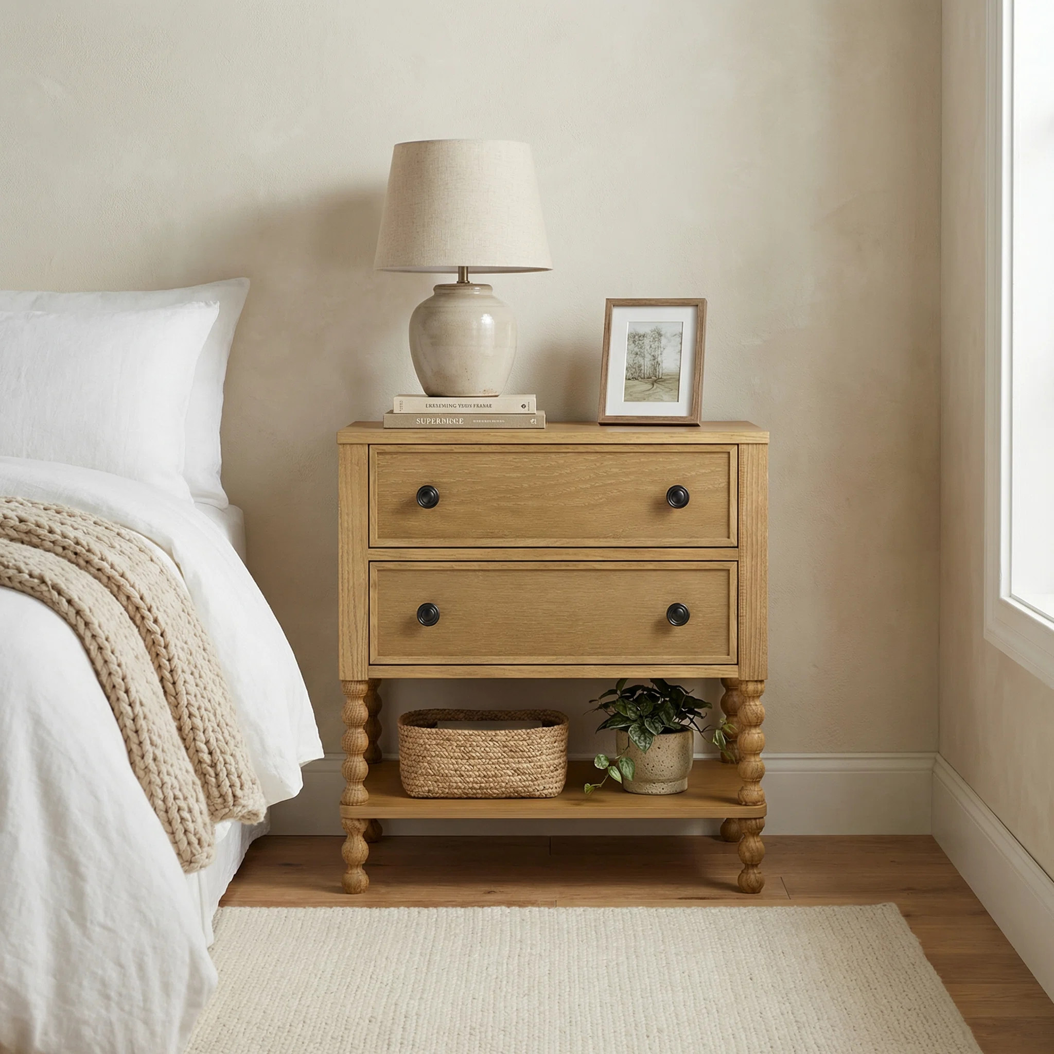 Solid Oak Nightstand With 2 Smooth-Glide Drawers & Open Shelf, 22″ Wide Bedside Table, Quick 15... | Wayfair North America