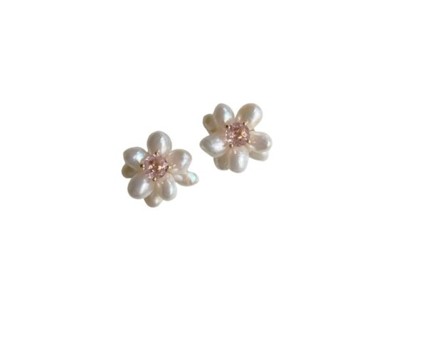 freshwater pearls + light pink quartz hydrangea studs | Nicola Bathie Jewelry