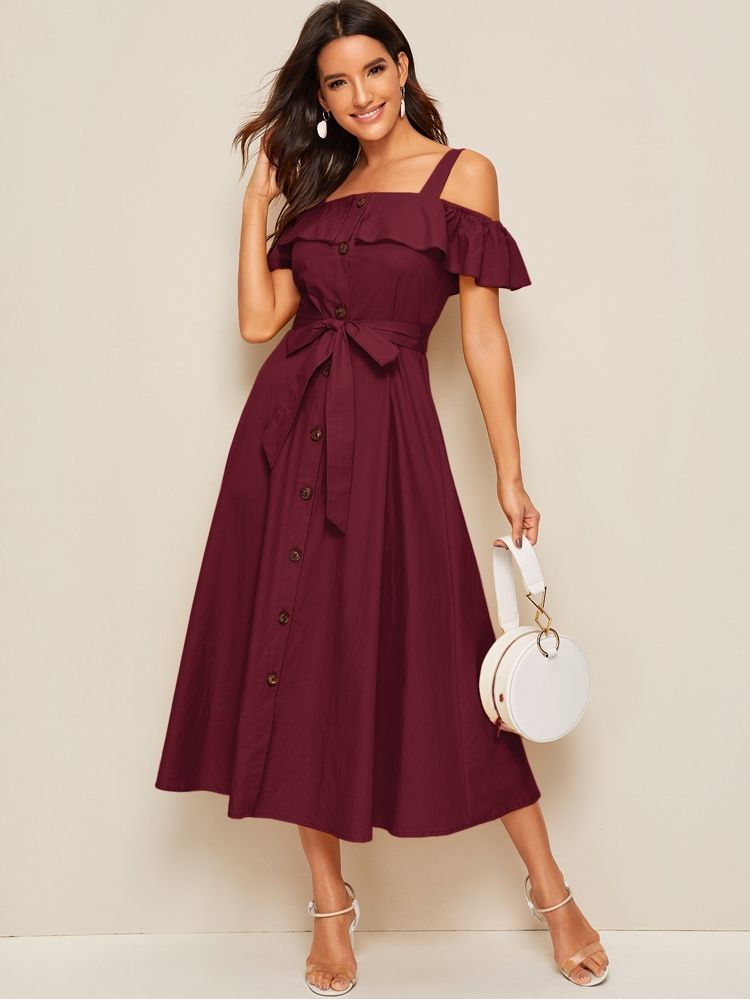 Flounce Foldover Button Front Self Belted Dress | SHEIN