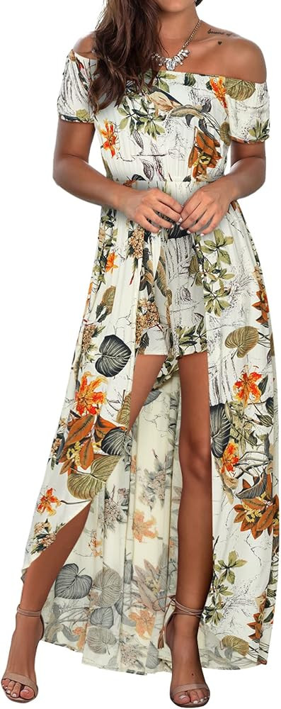 BIUBIU Women's Off Shoulder Floral Rayon Party Split Maxi Romper Dress Long Summer Beach Sundress | Amazon (US)