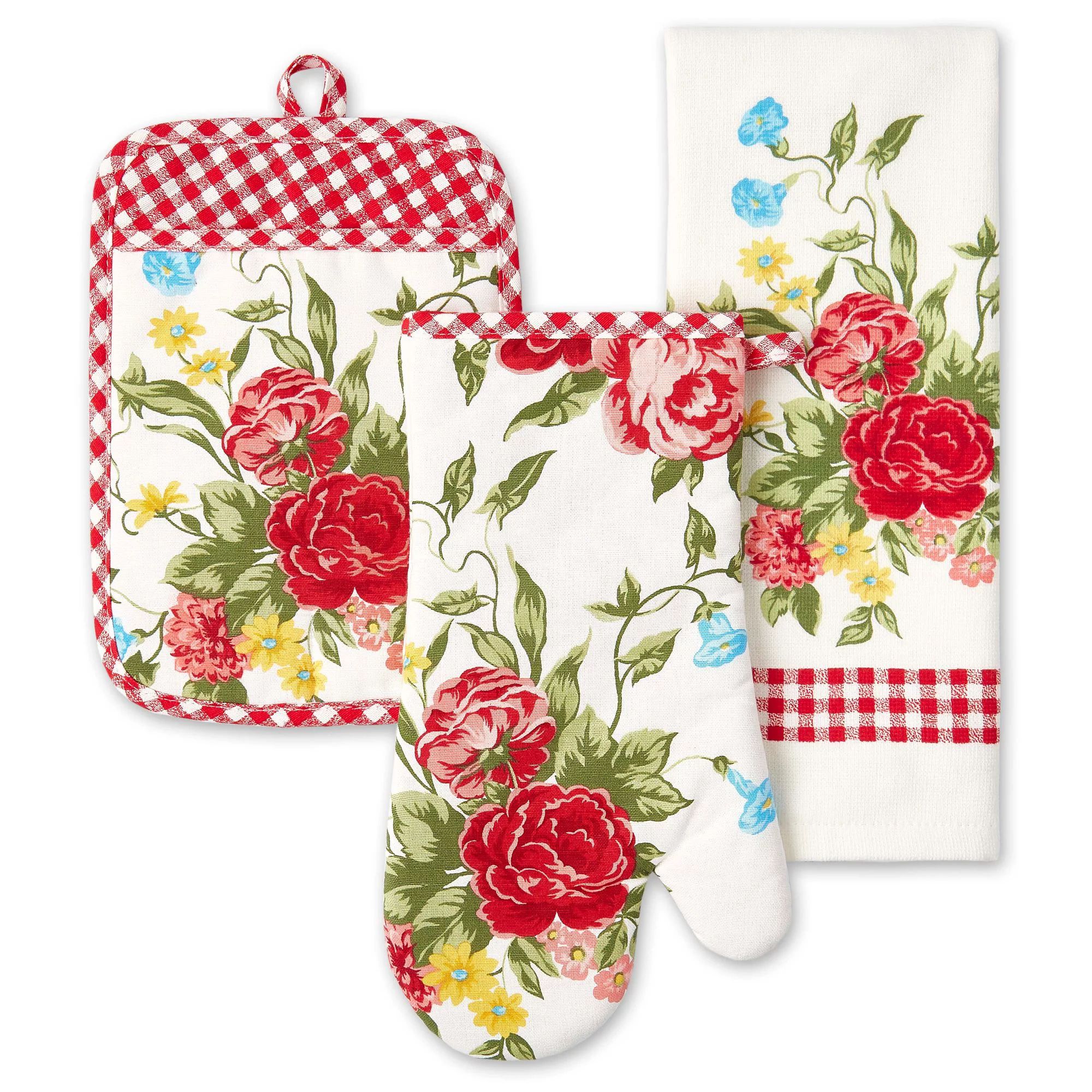 The Pioneer Woman Sweet Rose Kitchen Towel, Oven Mitt, Pot Holder, Multicolor, 16"W x 28"L, 3 Pie... | Walmart (US)