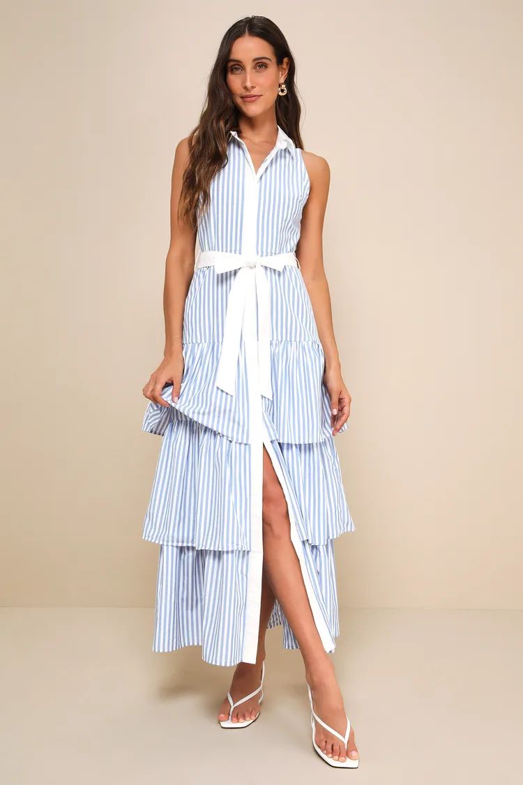 Riviera Rambler Blue & White Striped Tiered Collared Midi Dress | Lulus