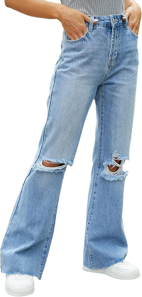 VIPONES Women Ripped Boyfriend Jeans Distressed Denim Ankle Length Straight Wide Leg Casual High ... | Amazon (US)