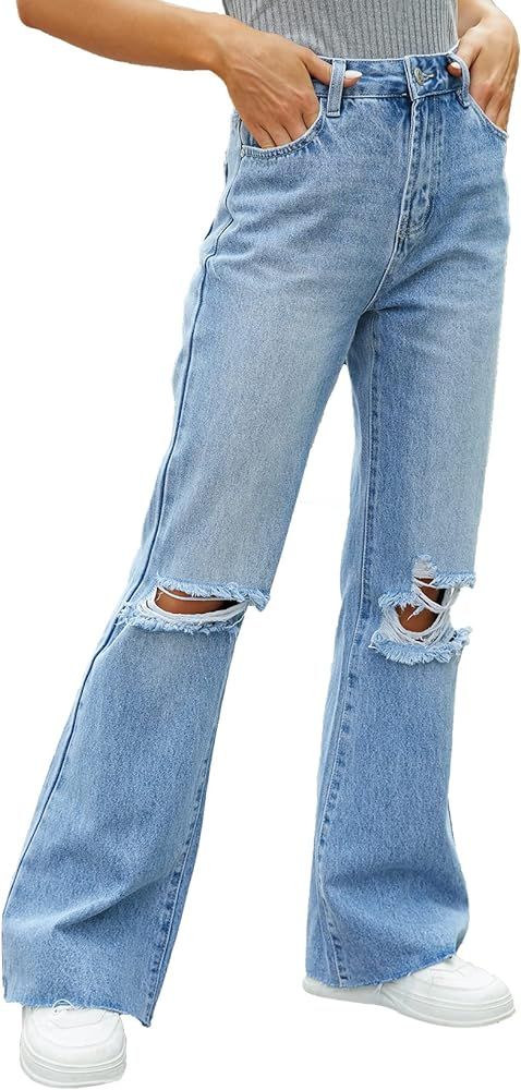 VIPONES Women Ripped Boyfriend Jeans Distressed Denim Ankle Length Straight Wide Leg Casual High ... | Amazon (US)