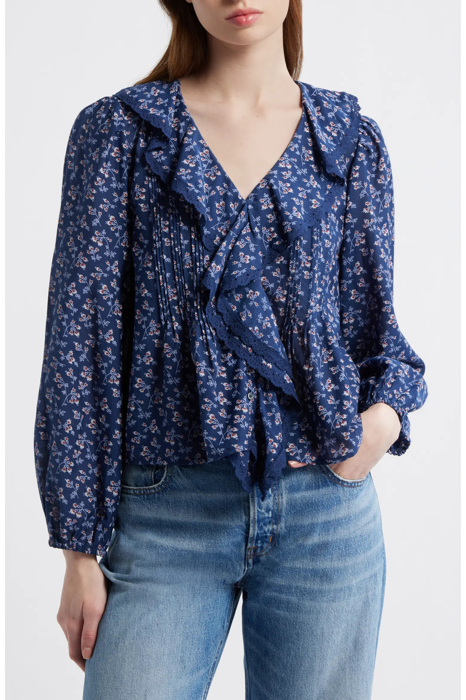 Lace Insert Ruffle Pintuck Long Sleeve Top (Women) | Nordstrom | Nordstrom
