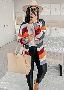 KIRUNDO 2022 Fall Women’s Open Front Cardigan Striped Color Block Long Sleeve Lightweight Long ... | Amazon (US)