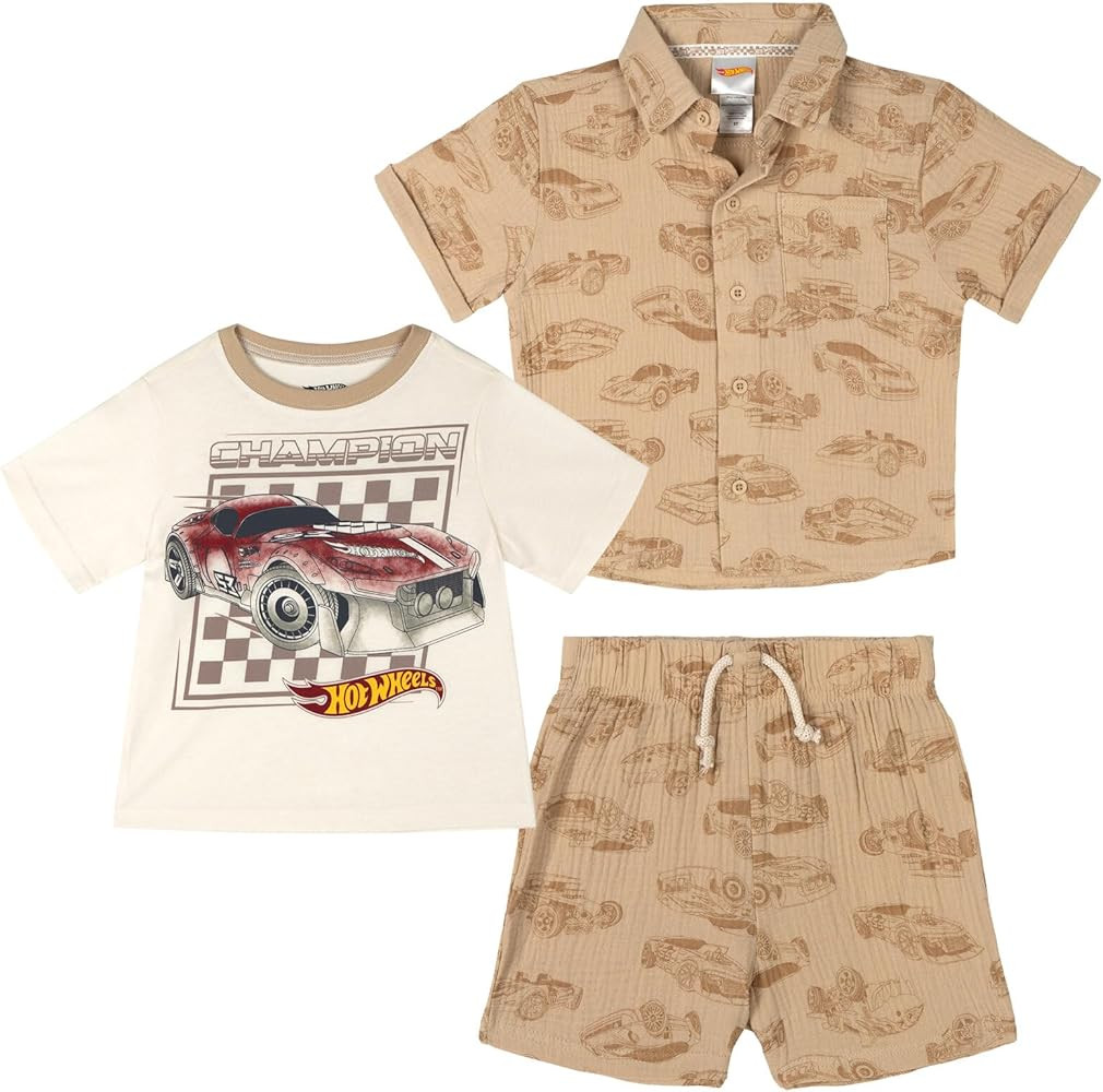 Hot Wheels Cotton Gauze Button Down Shirt, T-Shirt & Shorts 3 Piece Outfit Set Infant to Little K... | Amazon (US)
