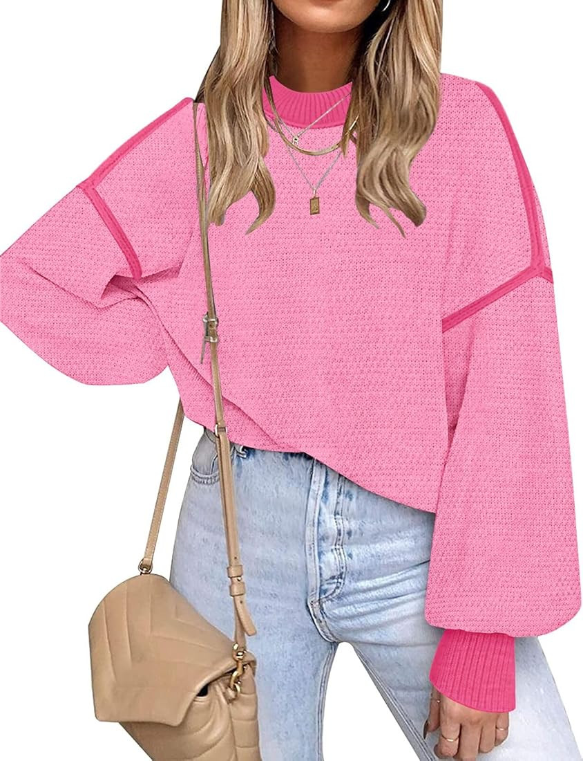 Fall Clothes for Women 2023 Trendy Crew Neck Oversized Sweaters Color Block Batwing Long Sleeve K... | Amazon (US)
