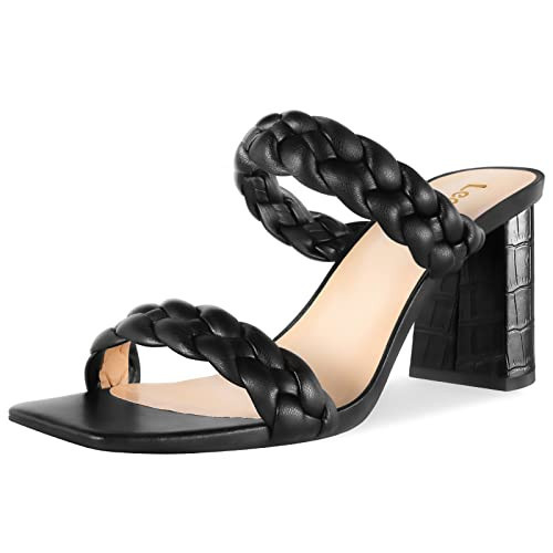 Leevar Braided Sandals for Women - Stylish Square Toe Braided Heels for Women - Black Womens Braided Block Heel Sandals - 3 inches Woven Chunky Heels, Black, Size 8 | Amazon (US)