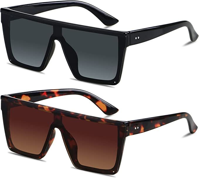 Square Oversized Sunglasses for Women Men Big Flat Top 2 pack Fashion Shield Large UV Protection | Amazon (US)