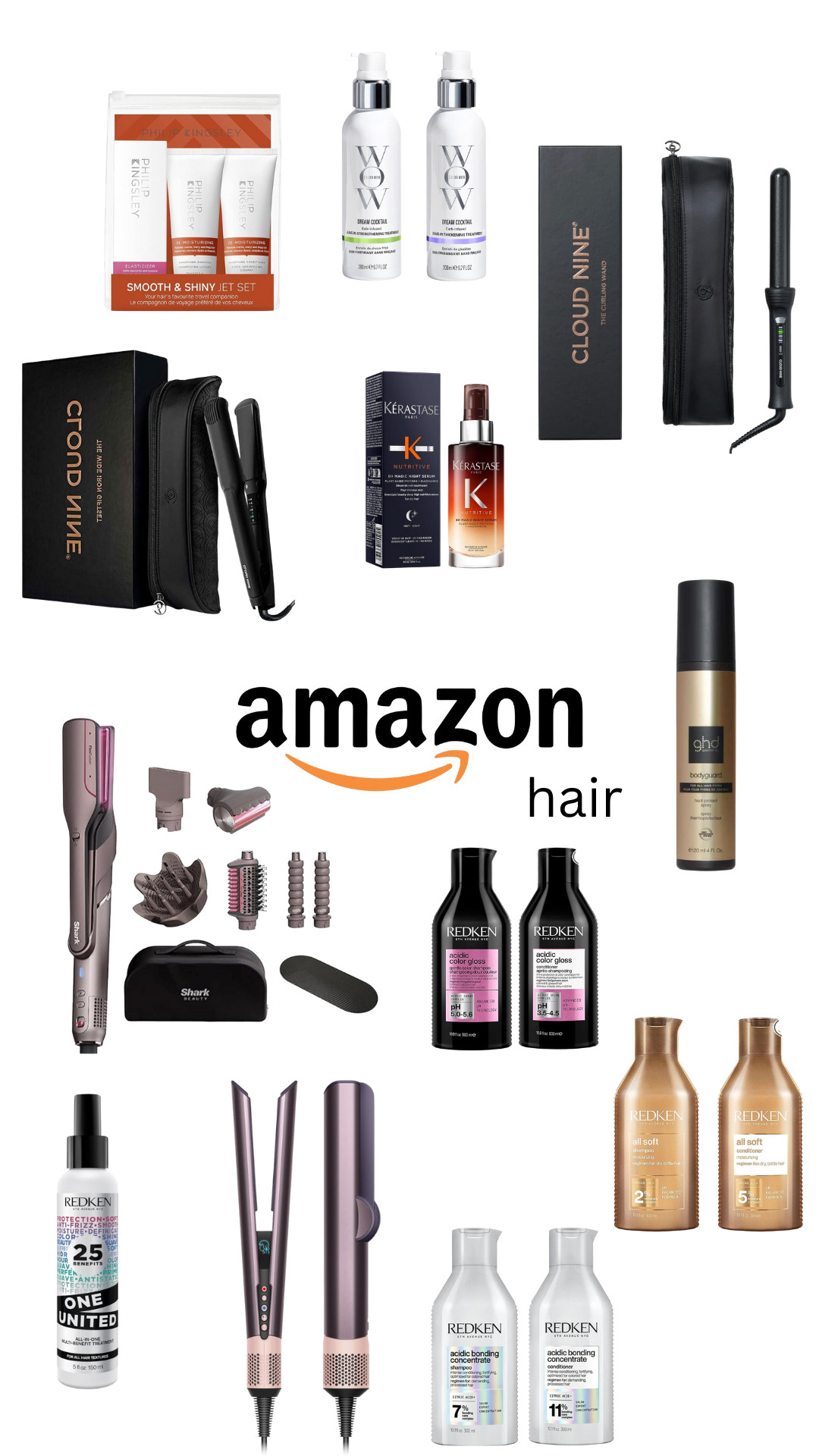 Amazon beauty and hair, Cloud Nine straightener, Redken shampoo and conditioner, Philip Kingsley set, Color Wow dream cocktail, Kerastase serum, GHD heat spray, Dyson Airstrrait, Shark FlexStyle 

 #LTKxAmazon #LTKuk #LTKsale