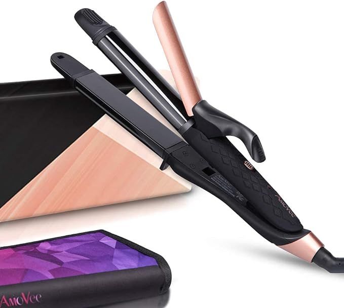 AmoVee 2 in 1 Flat Iron Curling Iron Mini Hair Straightener with Black Titanium Coated, Dual Volt... | Amazon (US)