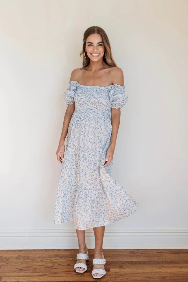 Lucky Timing Blue Floral Puff Sleeve Midi Dress | Pink Lily