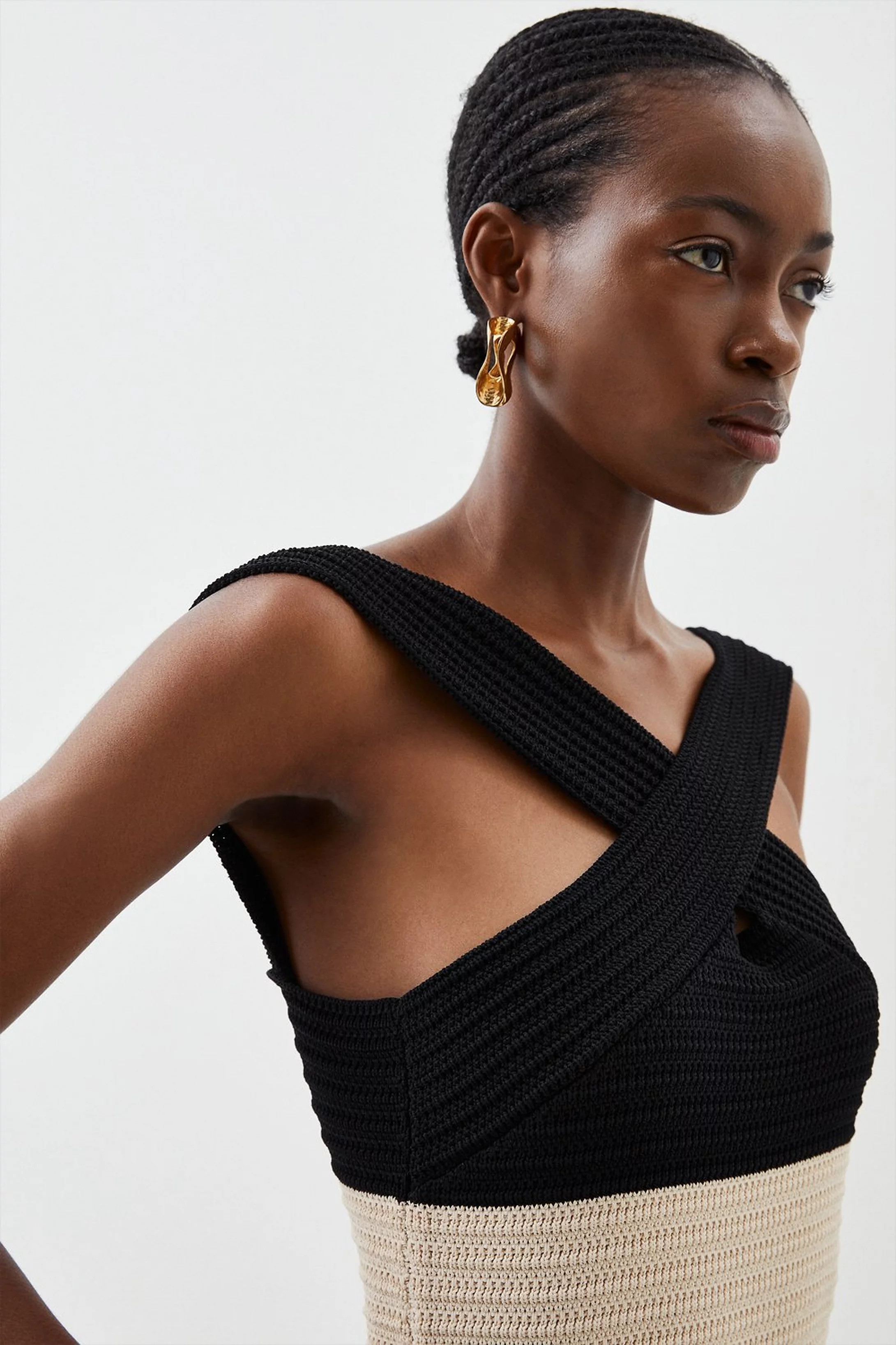 Viscose Blend Striped Cross Front Knit Midi Dress | Karen Millen US