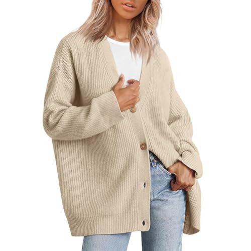 Cardigan Sweaters for Women Oversized Cardigans Comfy Knit Button Down Open Front Sweaters Long Sleeve Cardigans Cybermonday Deals(Beige,3X-Large) | Amazon (US)