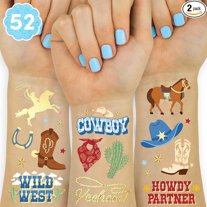 xo, Fetti Cowboy Temporary Tattoos for Kids- 52 Foil Styles | Rodeo, Boys Cowboy Crafts, Birthday... | Amazon (US)