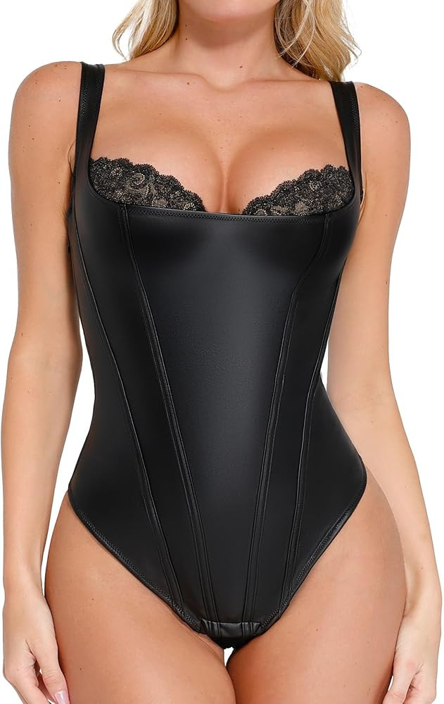 Popilush Leather Corset Tops for Women - Tummy Control Lace Shapewear Body Suits Thong Body Shape... | Amazon (US)