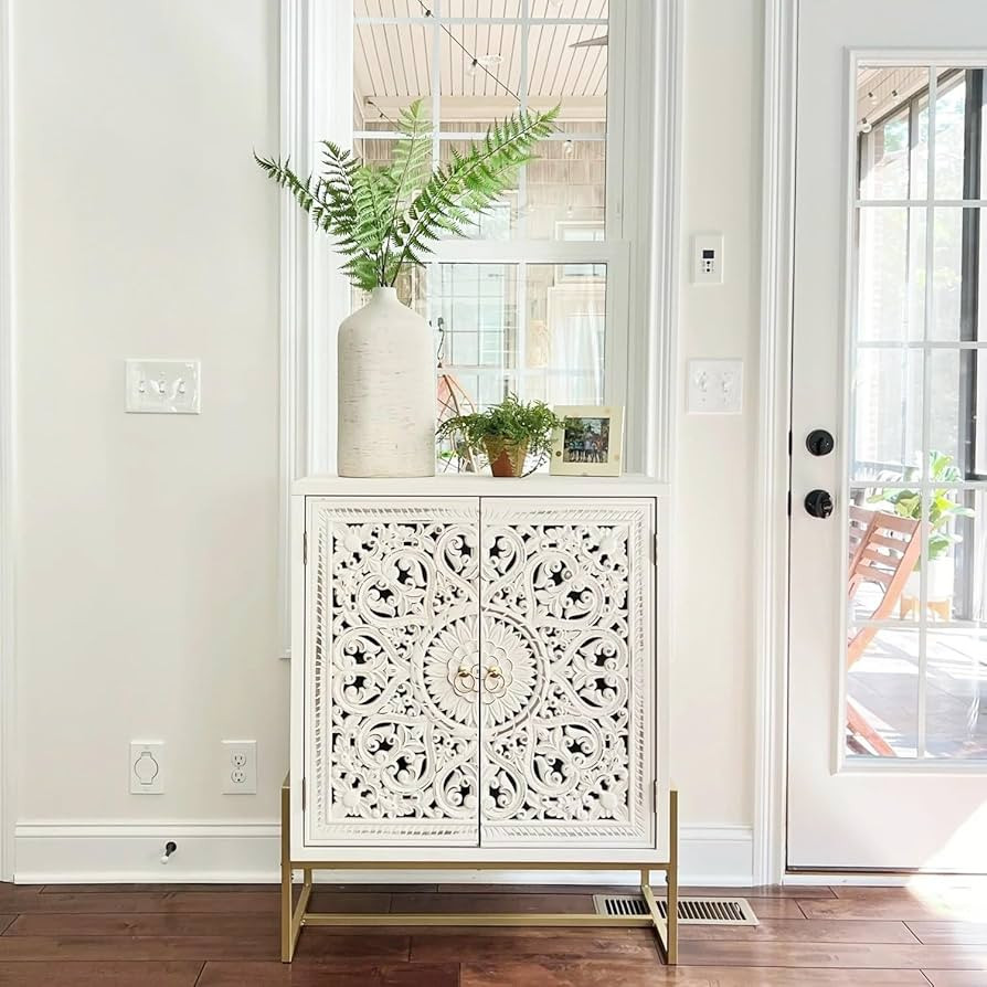 Overstock 2-Door White Flower Hollow-Carved Metal Feet Cabinet | Amazon (US)