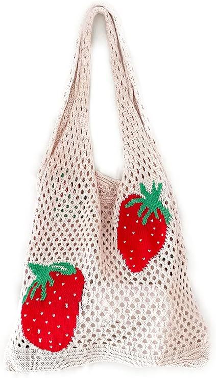 Cute Strawberry Pattern Tote Bag Crochet Tote Bag Shoulder Bag Handbags Knitting Bag Aesthetic Ha... | Amazon (US)