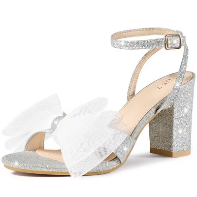 Perphy Women's Glitter Mesh Bow Chunky High Heel Slingback Ankle Strap Sandals Silver 8.5 | Target