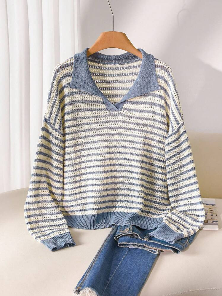 CosyJoli Plus Size Casual Polo Collar Striped Long Sleeve Pullover Sweater In Fall/Winter,Slightly Sheer | SHEIN