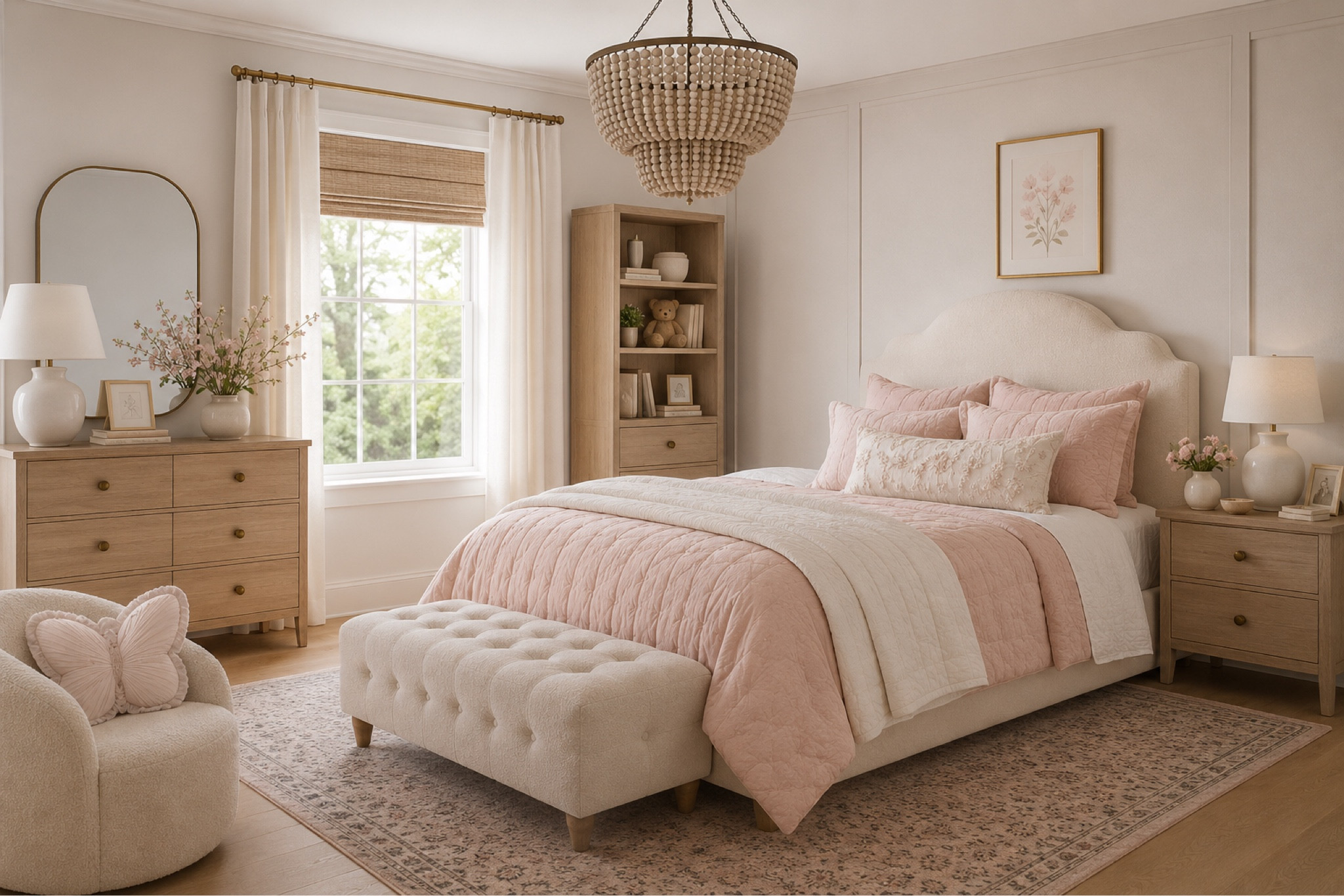 Sweet + timeless 💕Soft blush tones, warm oak woods, and the prettiest little details make this girls room feel so cozy and elevated. The butterfly pillow might just be my favorite touch 🦋

#LTKKids #LTKHome