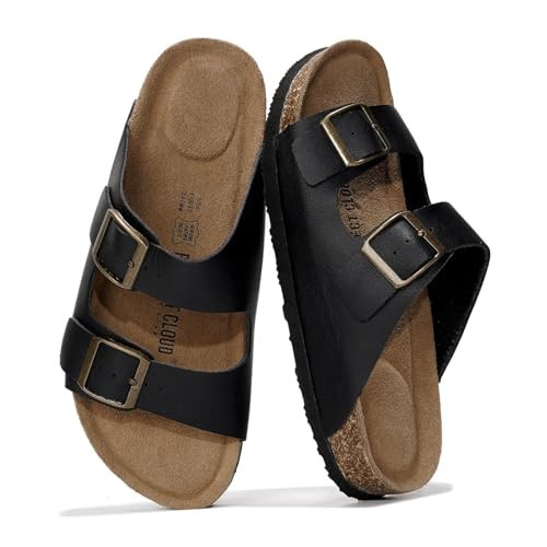 Project Cloud 100% Genuine Leather Flat Sandals For Women 2026 Cork Footbed Womens Sandals with Memory Foam and arch support Vacation Essentials Slides for Women Footwear (Venita, Black, 6.5) | Amazon (US)