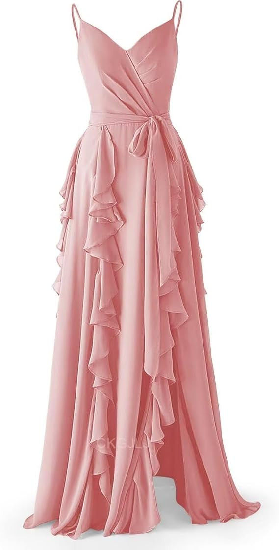 Spaghetti Strap Bridesmaid Dresses for Women V Neck Ruffle Formal Maxi Dress Chiffon Evening Part... | Amazon (US)