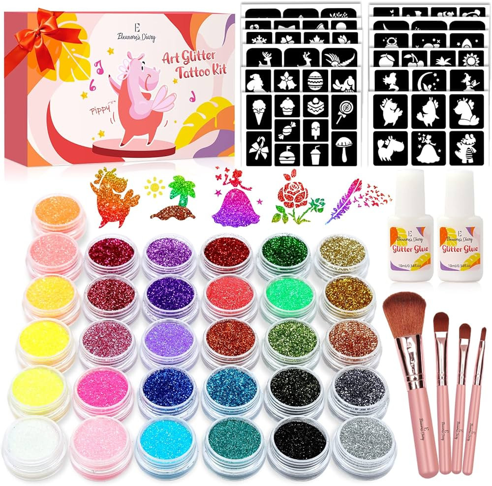 Temporary Glitter Tattoo Kids, Eleanore's Diary 31 Glitter Colors,165 Unique Stencils,2 Glue,4 Brush | Amazon (US)
