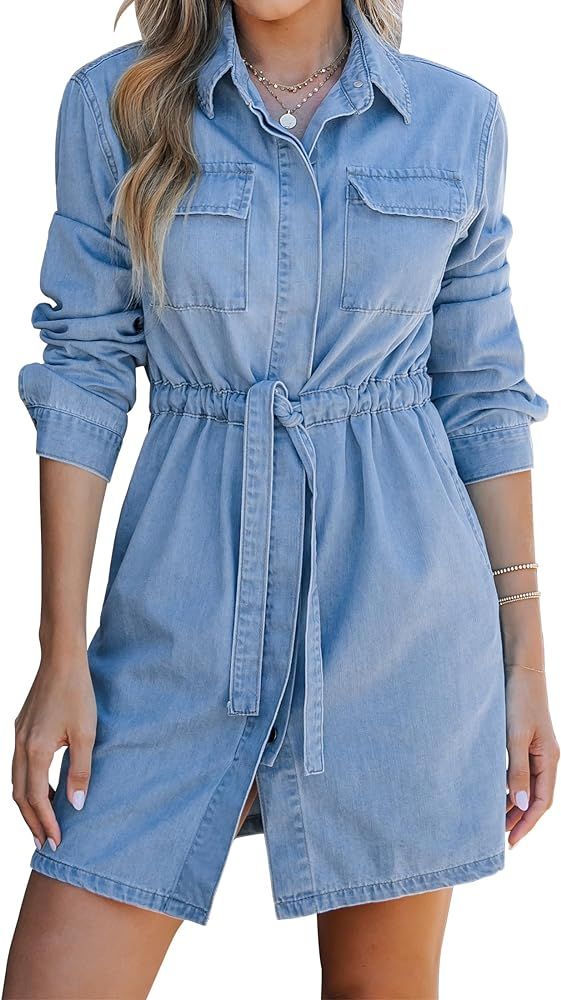 luvamia Denim Dress for Women Long Sleeve Jean Button Down Shirt Dresses with Pockets Casual Fash... | Amazon (US)