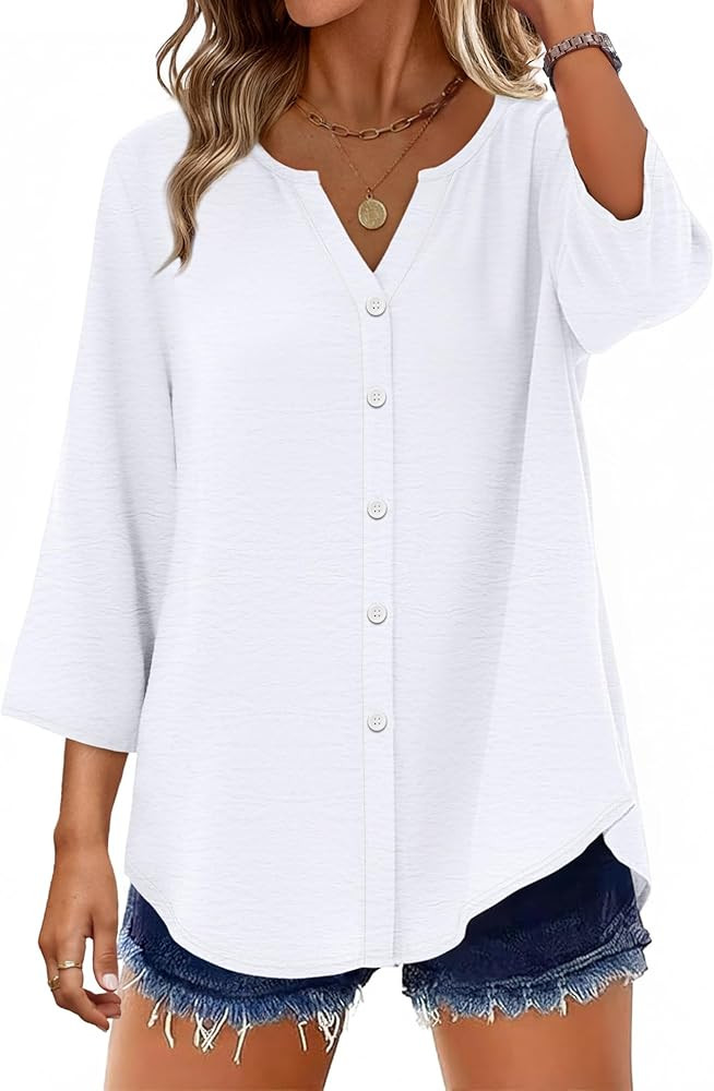 OFEEFAN Button Down Shirts for Women 3/4 Length Sleeve Tops V Neck Blouses Business Casual Outfit... | Amazon (US)