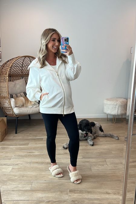 Love this cozy Amazon zip up!! It runs big. I’m in smalll and love it. Leggings are maternity and are so comfy! Runs tts 

#LTKbump #LTKfindsunder50 #LTKstyletip