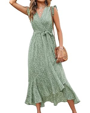 BTFBM Womens Boho Maxi Dress 2026 Summer Floral Vacation Ruffle Sleeve V Neck Wrap Spring Beach W... | Amazon (US)
