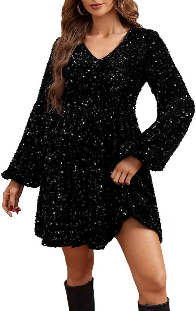 JENIFISO Women’s V-Neck Sequin Dress Lantern Sleeve Velvet Ruffle Hem Dress | Amazon (US)