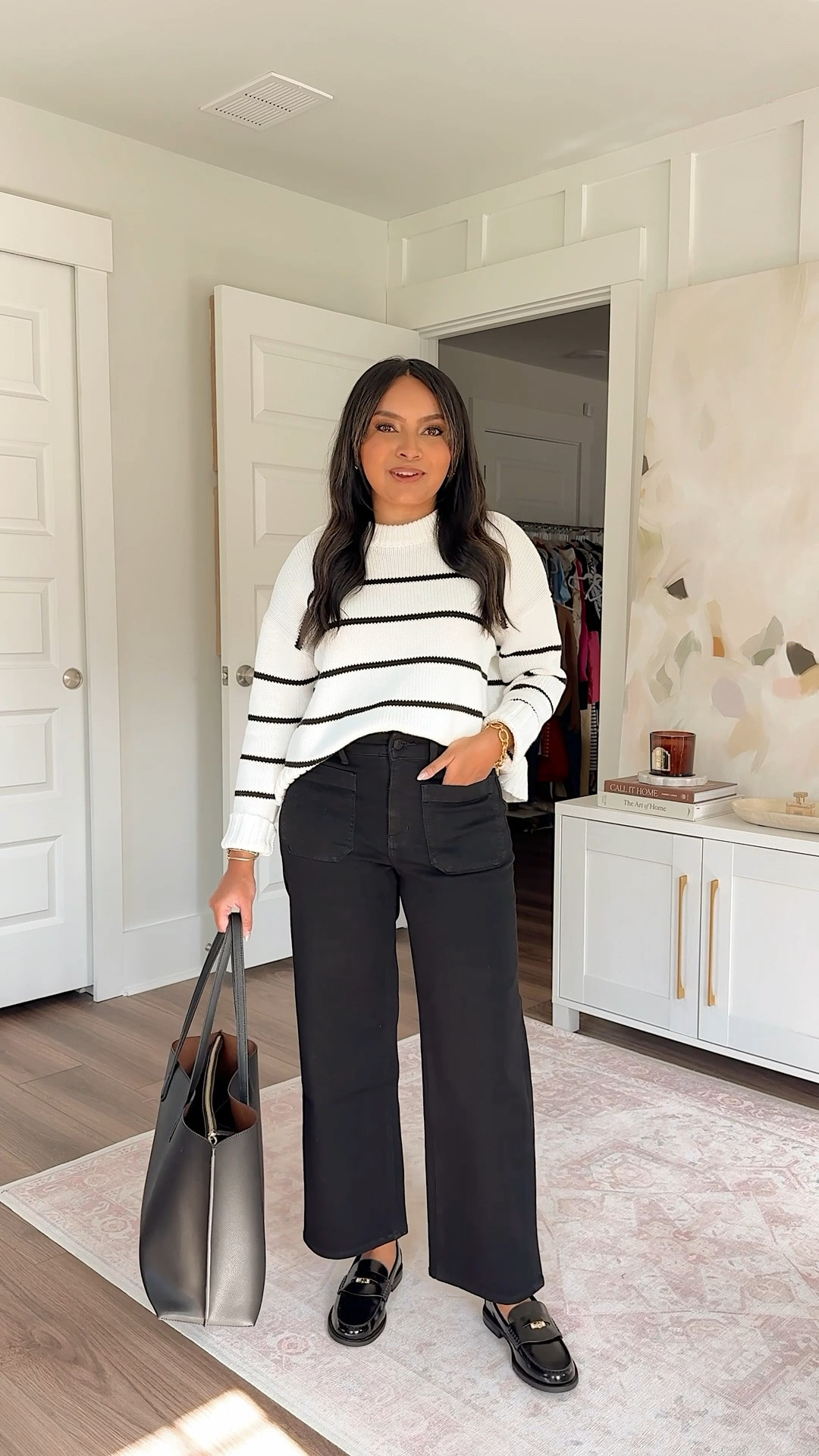 Black striped sweater size xs TTS (check back for restocks)
Black patch pocket wide leg jeans size 26, 26” inseam TTS
Black loafers size 5 TTS


#LTKStyleTip #LTKFindsUnder100 #LTKPetite
