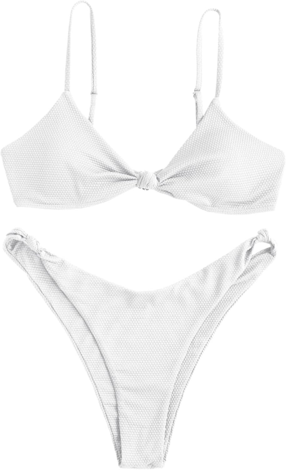 ZAFUL Women's Tie Knot Front Spaghetti Strap High Cut Bikini Set Swimsuit | Amazon (US)