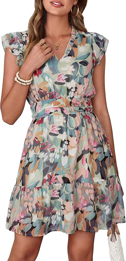 Simplee Womens Summer Casual Boho Dress Ruffle Sleeve V Neck Mini Dresses A Line Fashion Floral F... | Amazon (US)
