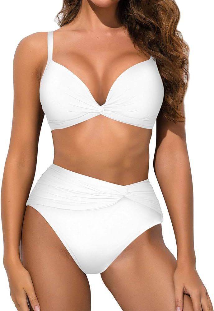 Womens High Waisted Bikini Set Twist Front Cheeky Two Piece Swimsuit | Amazon (US)