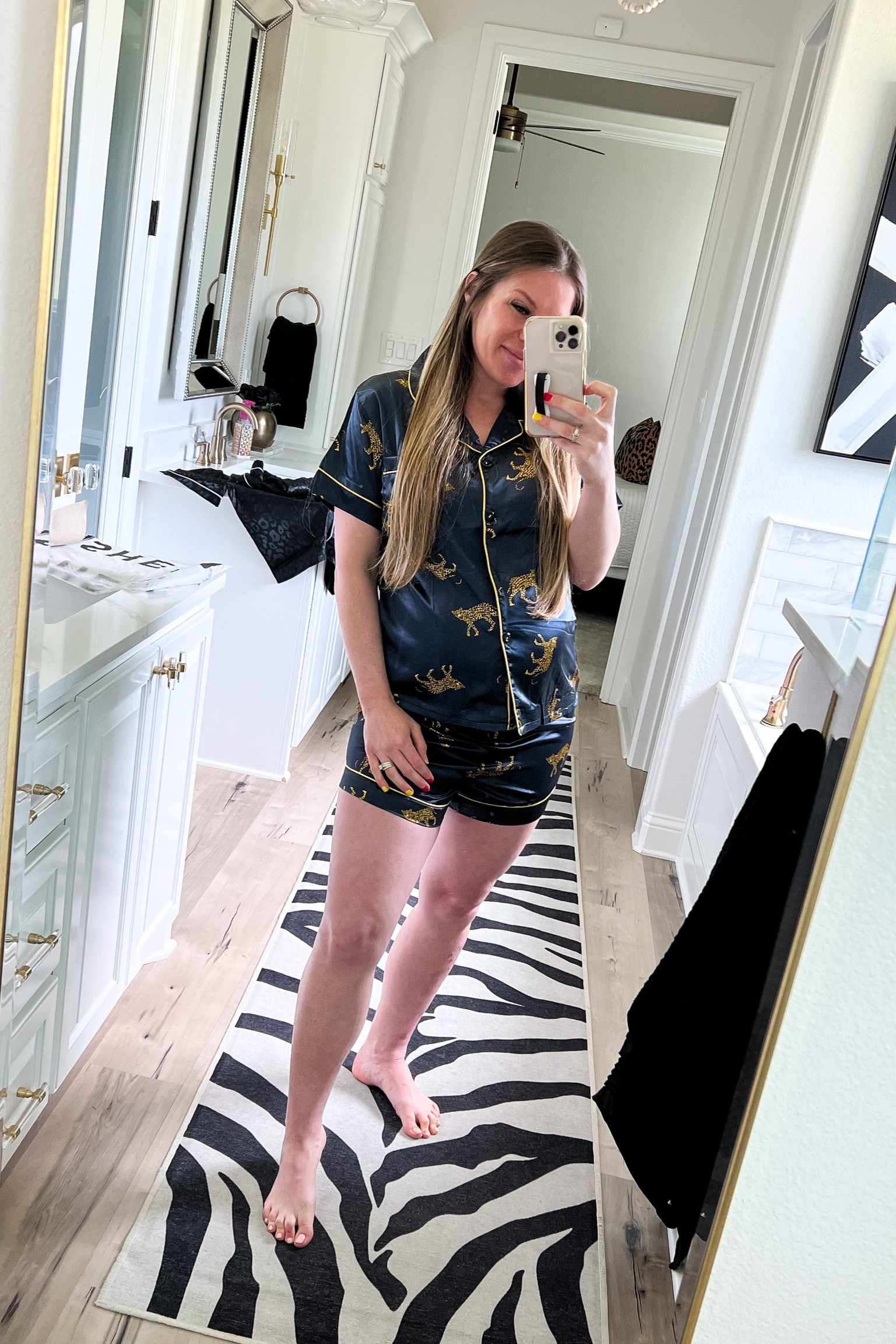 The CUTEST leopard pajamas! I am so obsessed with these!! So cute and fun, and so comfortable! Wearing a size large-non maternity! 

Navy blue, leopard, cheetah, luxury feel, pajamas, lounge, sleepwear, satin, 

#LTKbump #LTKbeauty #LTKstyletip