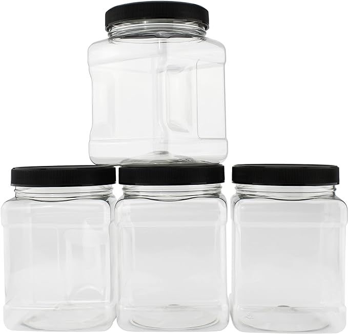 32oz Square Plastic Jars (4-Pack, Quart); Clear Rectangular 4-Cup Canisters w/Black Lids, Easy-Gr... | Amazon (US)