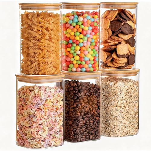 6-Pack Glass Food Storage Jars Set (3 Square + 3 Round), 37oz Airtight Clear Canisters with Bamboo Lids, Stackable Pantry Containers for Flour, Sugar, Rice, Pasta, Nuts, Candy & Spice Organization | Amazon (US)
