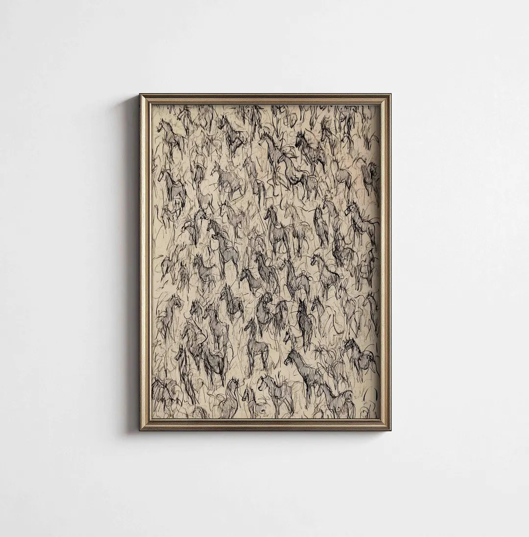 Wild Horses Sketch Wall Art • Vintage Minimalist Equestrian Cottagecore Drawing Home Decor • ... | Etsy (US)