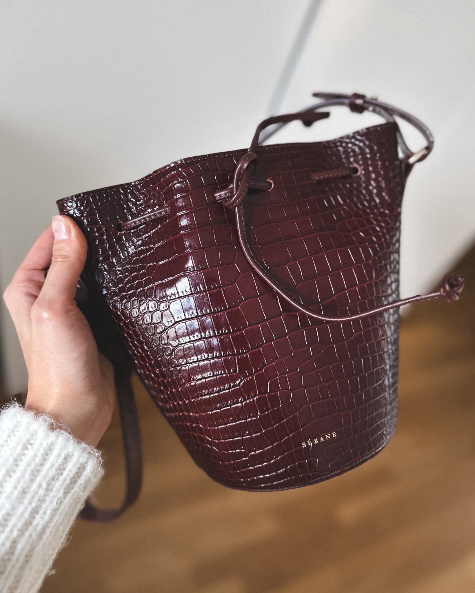 Small bucket bag - crock texture, chocolate brown color - which is something more in-between brown and deep burgundy 