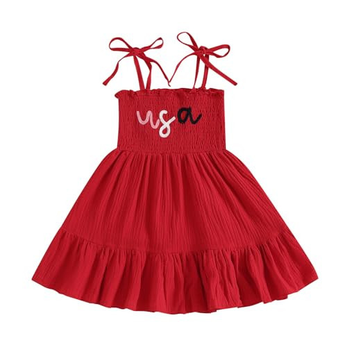 Kuriozud 4th of July Toddler Girl Outfit Fourth of July USA Spaghetti Strap Dress Kids Little Girl Independence Day Clothes (Red USA, 18-24 Months) | Amazon (US)