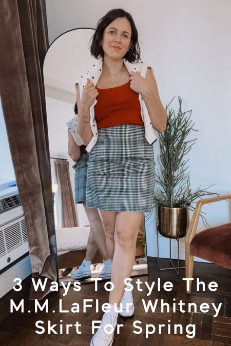 #AD One of my favorite things in my closet is my @mmlafleur Whitney mini skirt. There's a new print in town for spring and here are 3 ways to style it.

Look 1 - Added the Sabine 365 Eco Knit tank in this gorgeous red to pair with the green and grey plaid skirt. Added the Kim sweater in the new dot print and some high top Converse for a casual look.

Look 2 - For those cooler spring days, try a knee high boot and trench with this sweater tank and skirt combo. 

Look 3  - An ultimate casual look in the Leslie tee, a closet basic, with a denim jacket and loafers.

To shop this look, comment LINK or head to the link in my bio to shop. Use code INDIGODAY20 for 20% off.