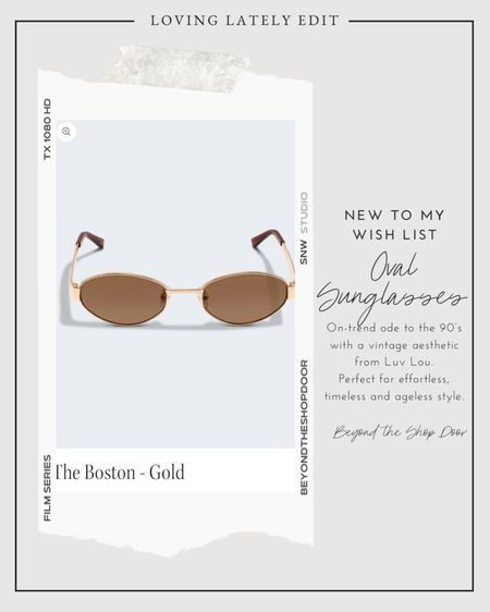 Oval Sunglasses

On-trend ode to the 90’s with a vintage aesthetic from Luv Lou.

Perfect for effortless, timeless and ageless style.

NEW TO MY WISH LIST

#LTKStyleTip #LTKOver40
