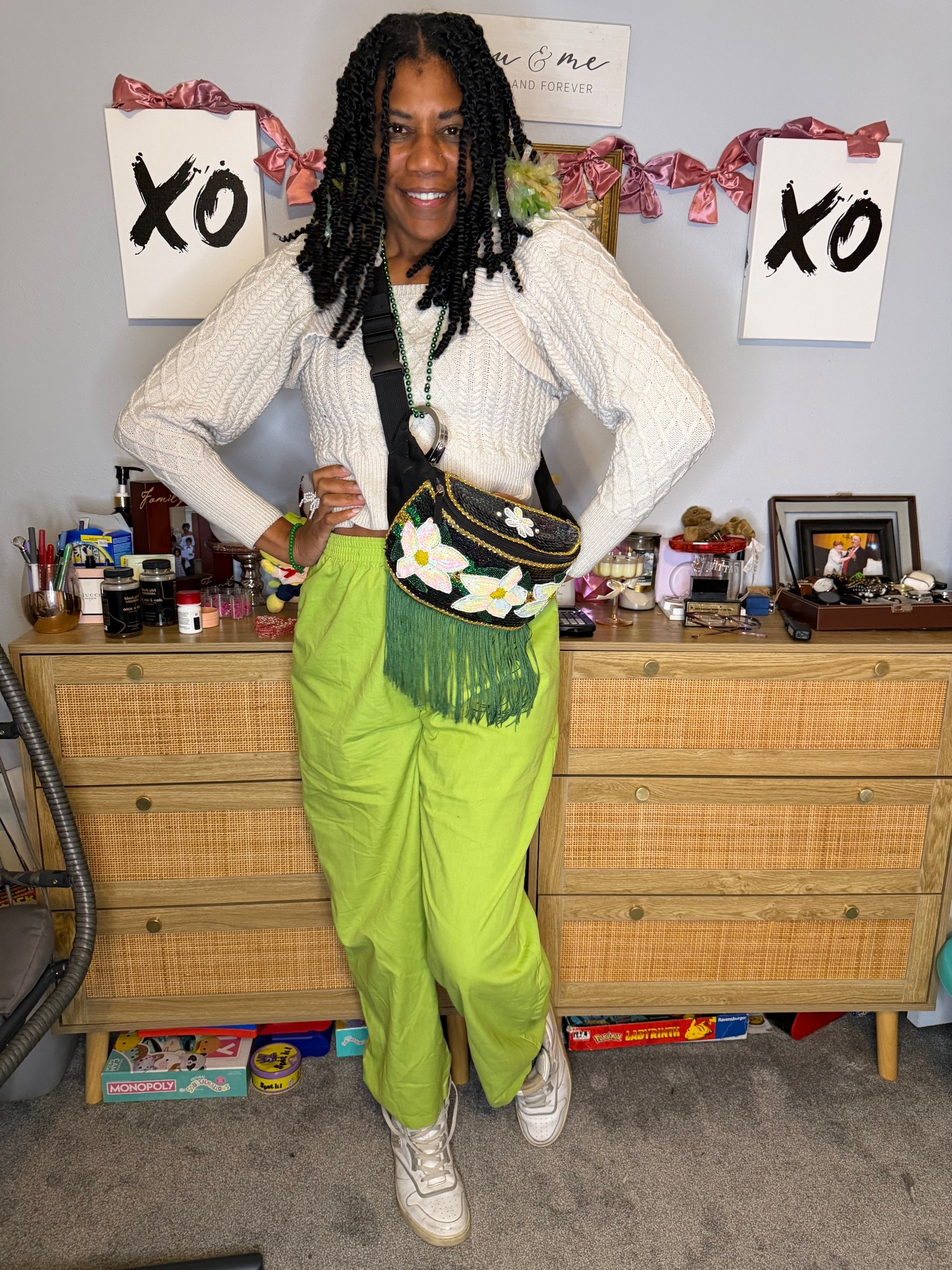 Cream cable knit ruffle sweater +
Lime green pants  

#LTKWorkwear #LTKootd #LTKdayinmylife