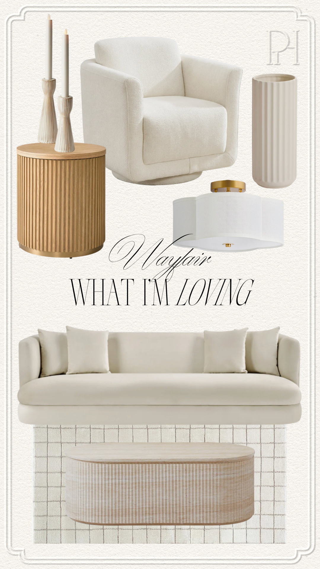Classic neutral home pieces I'm loving from Wayfair!

neutral furniture, home decor, home accents, neutral area rug, living room rug, off-white rug, oval coffee table, ribbed coffee table, travertine coffee table, round end table, ribbed end table, semi-flush mount lighting, candlestick, ivory couch, white sofa, white accent chair, swivel chair, living room furniture, fluted vase, white vase, bench sofa 

 #LTKSeasonal #LTKHome