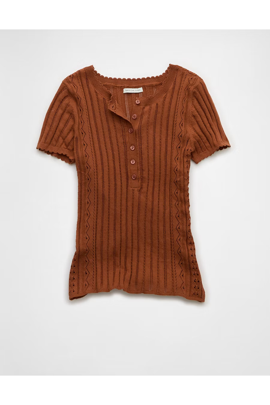 AE Henley Pointelle Sweater T-Shirt Women's Brown XXS | American Eagle Outfitters (US & CA)